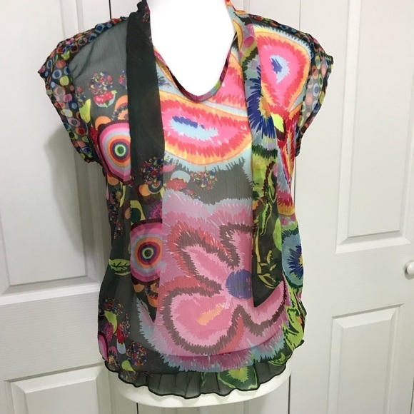 Desigual Sheer Floral Tie V-Neck Blouse S Y2K Cap Sleeve Art Print - Picture 14 of 17